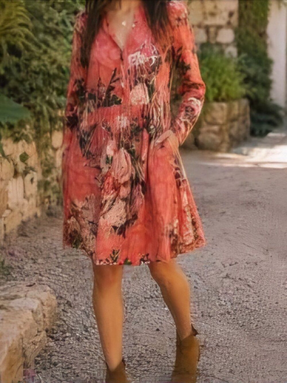 Peruvian Connection Coral Floral Split Neck Tunic Dress Small